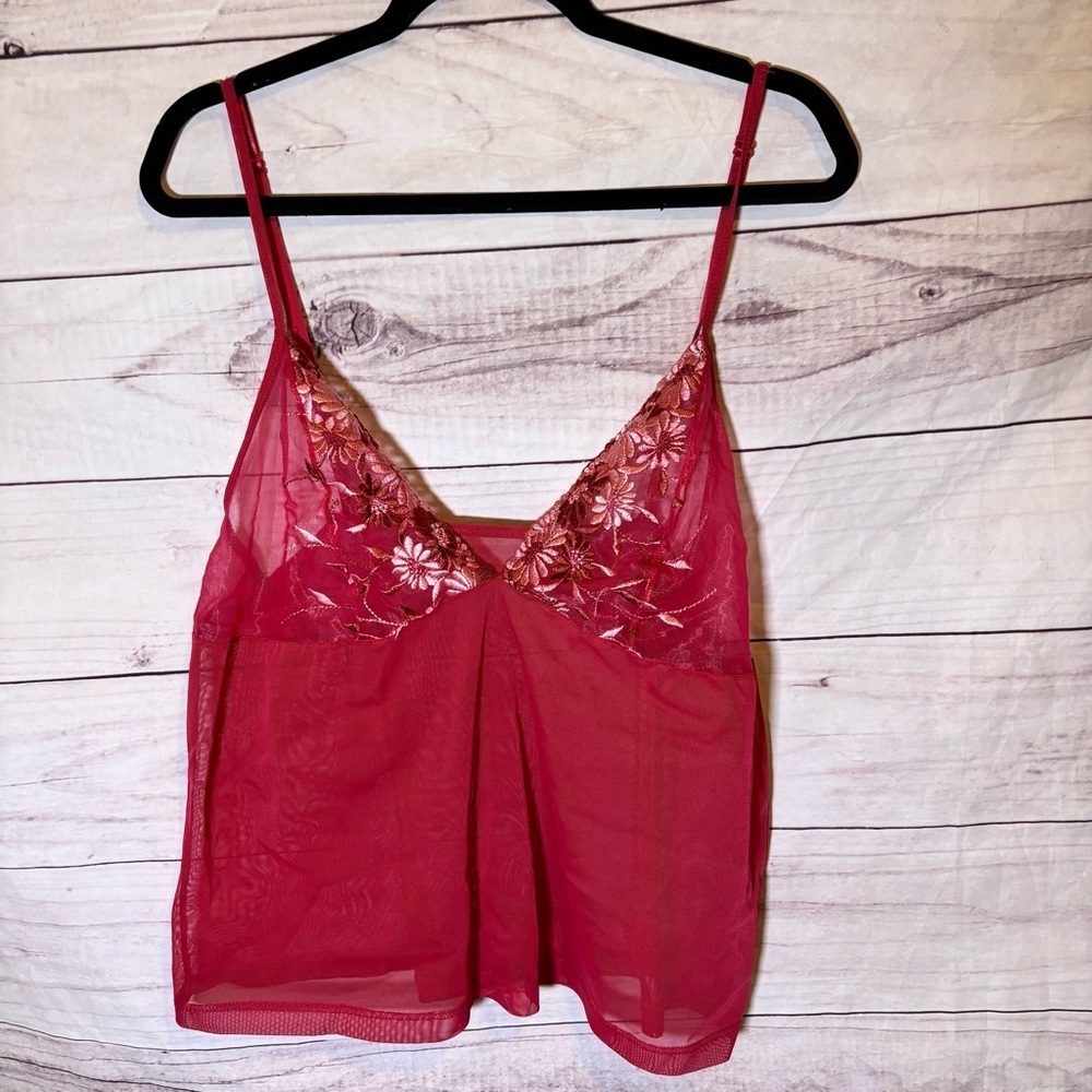 Vintage Y2K Lace Red Sheer Floral Embroidered Camisole Vneck Top 2X